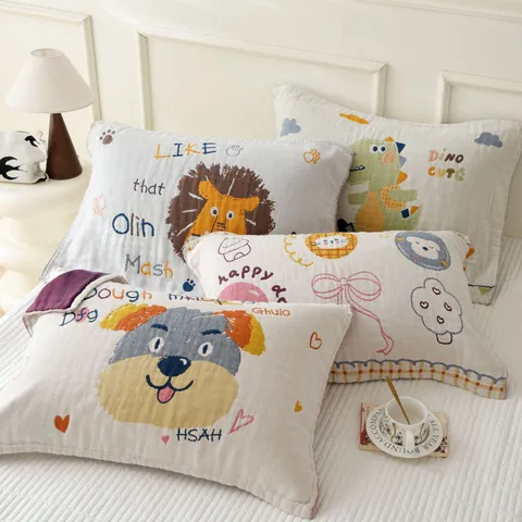 Pur Coton Gaze à Quatre Couches Serviette d'Oreiller Mignons Animaux de Dessin Animé Broderie Housse de Oreiller Literie Douce Respirante
