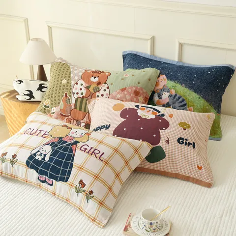 Pure Cotton Four Layer Gauze Pillow Towel Cartoon Cute Print Breathable Home Bedding Pillow Protector Cover