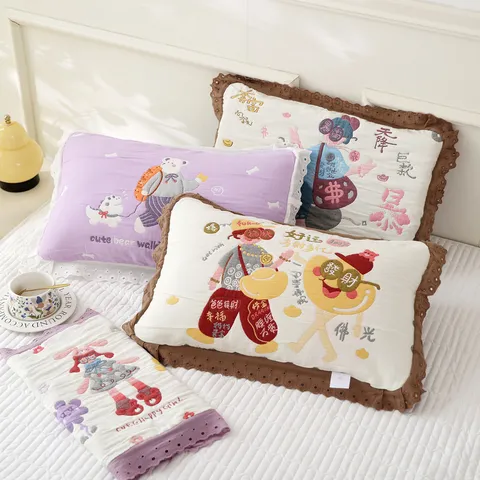 Children's Cotton Gauze Pillowcase Soft Breathable Cute Cartoon Embroidery Lace Edge Home Bedroom Pillow Cover