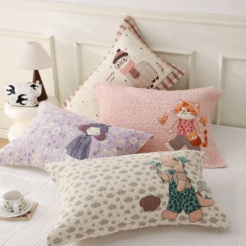 Soft Cotton Gauze Pillow Towel Cute Cartoon Embroidered Pillowcase Breathable Home Bedding Pillow Cover For Couple