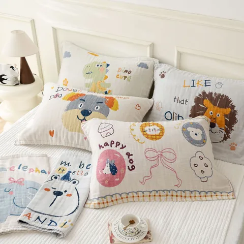Pur Coton Gaze à Quatre Couches Serviette d'Oreiller Mignons Animaux de Dessin Animé Broderie Housse de Oreiller Literie Douce Respirante