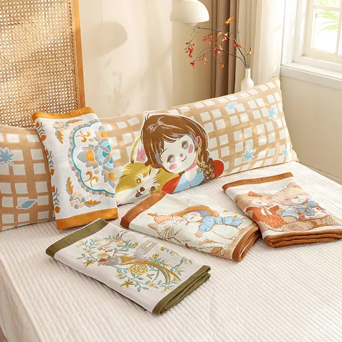 Taie d'Oreiller Longue en Coton Imprimé Cartoon Floral Doux et Respirant Housse de Oreiller pour Chambre
