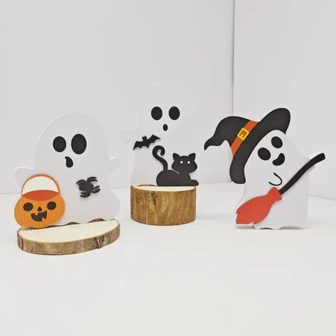 Halloween Lindo Fantasma de Madera Estatuilla Adorno de Escritorio Calabaza Gato Bruja Escoba Decoración Fiesta Hogar