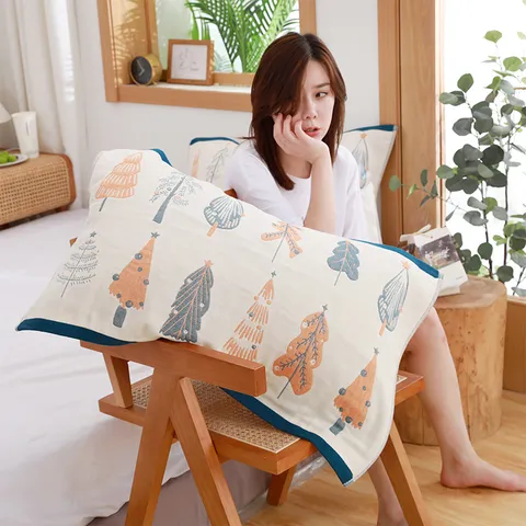 Cotton Four Layer Gauze Pillow Towel Soft Breathable Printed Bed Pillow Cover Couple Household Bedding Pillow Protector