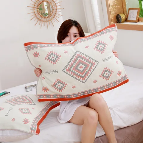 Cotton Four Layer Gauze Pillow Towel Soft Breathable Printed Bed Pillow Cover Couple Household Bedding Pillow Protector