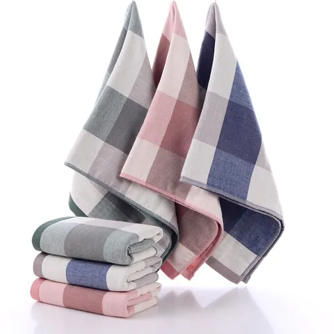 Japanese Style Cotton Gauze Face Towel Breathable Absorbent Plaid Striped Soft Washcloth For Couple Daily Face Washing