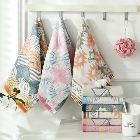 Japanischer Stil Reine Baumwolle Gaze Gesichtstuch Weich Saugfähig Jacquard Geometrisch Floral Handtuch Für Zuhause Badezimmer