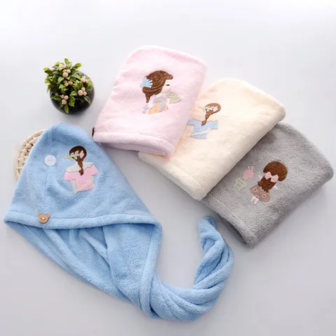 Bonnet de Séchage pour Cheveux en Polaire Corail Épaissie Serviette Absorbante Avec Jolie Broderie Pour Femmes Salle de Bain Quotidien