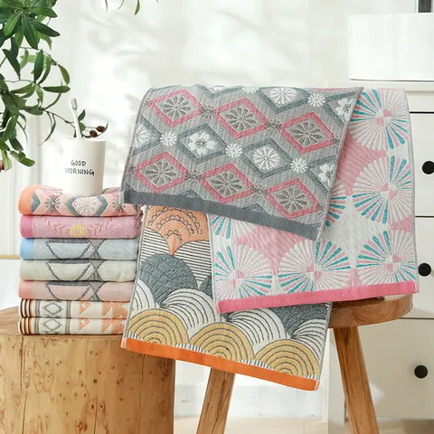 Japanischer Stil Reine Baumwolle Gaze Gesichtstuch Weich Saugfähig Jacquard Geometrisch Floral Handtuch Für Zuhause Badezimmer