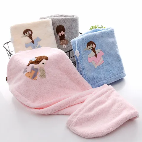 Bonnet de Bain Séchoir en Polaire Corail Épaissie Serviette de Douche Absorbante à Séchage Rapide Broderie Fille Mignonne