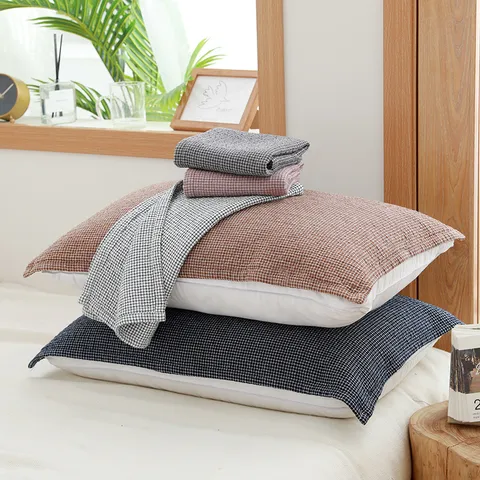 Serviette d'Oreiller à Carreaux Minimaliste Japonaise Coton Doux Absorbant Housse de Coussin pour Maison Dortoir