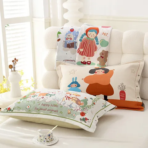Taie d'Oreiller en Coton Peigné Imprimé Dessin Animé Doux Respirant Housse de Oreiller Pour Chambre à Coucher Adulte Literie Quatre Saisons