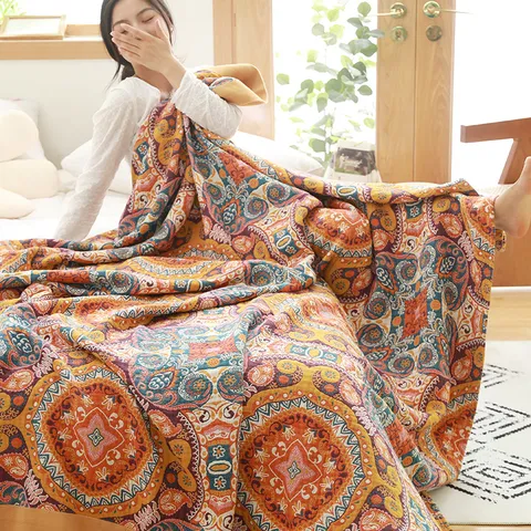 Japanese Style Cotton Gauze Blanket Ethnic Floral Print Summer Air Conditioning Quilt Breathable Bedding Throw Blanket