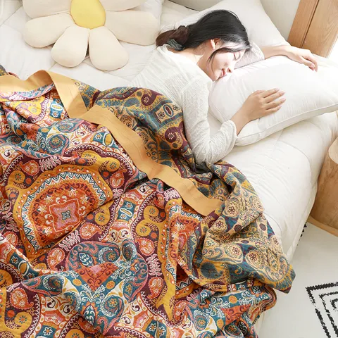 Japanese Style Cotton Gauze Blanket Ethnic Floral Print Summer Air Conditioning Quilt Breathable Bedding Throw Blanket