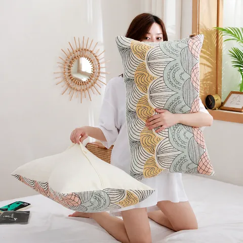 Taie d'Oreiller en Coton de Style Japonais Imprimé Géométrique Doux et Respirant Housse d'Oreiller Taille Standard pour Chambre Literie