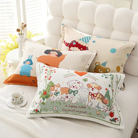 Taie d'Oreiller en Coton Peigné Imprimé Dessin Animé Doux Respirant Housse de Oreiller Pour Chambre à Coucher Adulte Literie Quatre Saisons