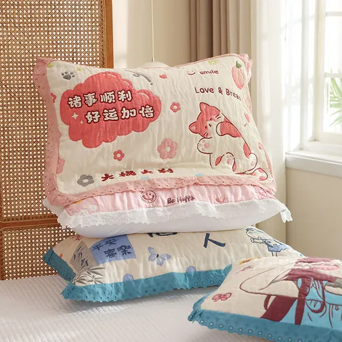 Serviette d'Oreiller en Gaze de Coton Cartoon Mignon Avec Garniture en Dentelle Douce Respirante Housses d'Oreiller de Ménage Adulte Linge de Lit