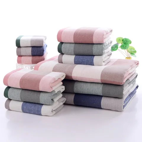 Serviette de Bain en Gaze de Coton Épaissie Serviette de Bain Absorbante à Carreaux Rayures pour Adultes Douche Quotidienne Plage