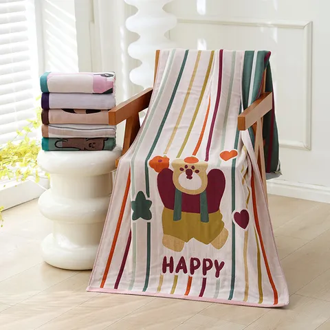 Soft Gauze Cotton Bath Towel Absorbent Cute Cartoon Animal Printed Breathable Couple Bath Towel Home Living