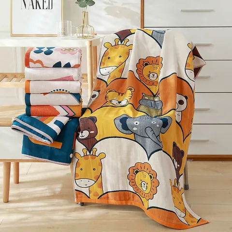 Four-Layer Gauze Bath Towel Pure Cotton Absorbent Soft Beach Towel Cartoon Animal Geometric Print Adult Home Shower Towel