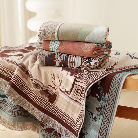 Katoenen Badhanddoek Retro Chinese Stijl Bloemen Landschap Absorberende Badhanddoek Voor Thuis Badkamer Douche Volwassenen Zacht Groot