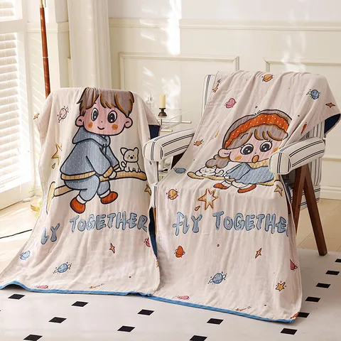 Katoenen Gaas Badhanddoek Cartoon Bedrukt Grote Absorberende Badhanddoek Deksel Voor Volwassenen Thuis Badkamer