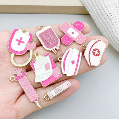 Pink Enamel Zinc Alloy Medical Theme Charms For DIY Jewelry Making Stethoscope Nurse Uniform Ambulance Syringe Pendants