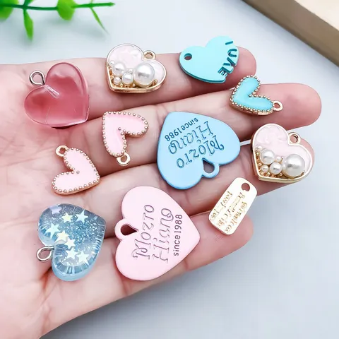 Ciondoli a Cuore in Lega e Resina per Creazione Gioielli Fai-da-te Blu Lago Rosa Smaltati a Cuore con Perle Artificiali Strass Accessori per Artigianato