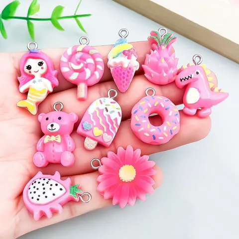 Rose Red Resin Cartoon Pendants Cute Lollipop Donut Ice Cream Animals Fruit Charms DIY Jewelry Making Pendants