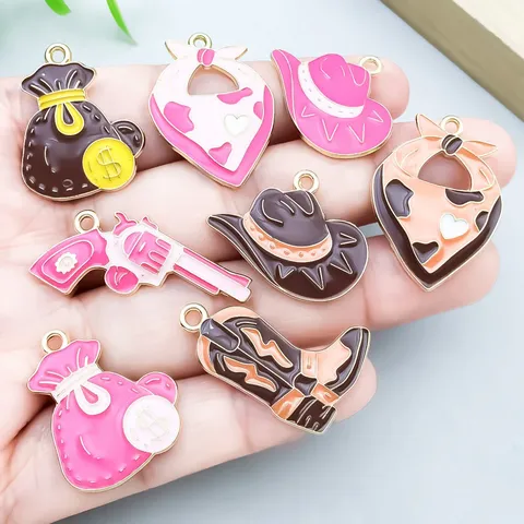 Pendentifs Cowboy Western en Alliage de Zinc Rose Brun Émail Botte Chapeau Pendentif Pour DIY Bijoux Bracelet Collier Accessoires