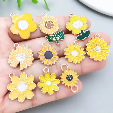 Yellow Enamel Sunflower Daisy Alloy Pendants For DIY Jewelry Making Bracelet Necklace Mixed Flower Charms Findings