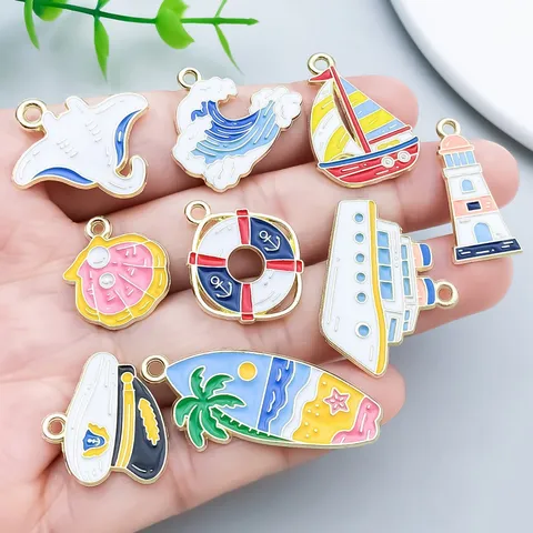 Nautical Ocean Enamel Alloy Charms For Jewelry Making DIY Anchor Whale Sea Wave Pendants For Bracelet Necklace Craft Accessories