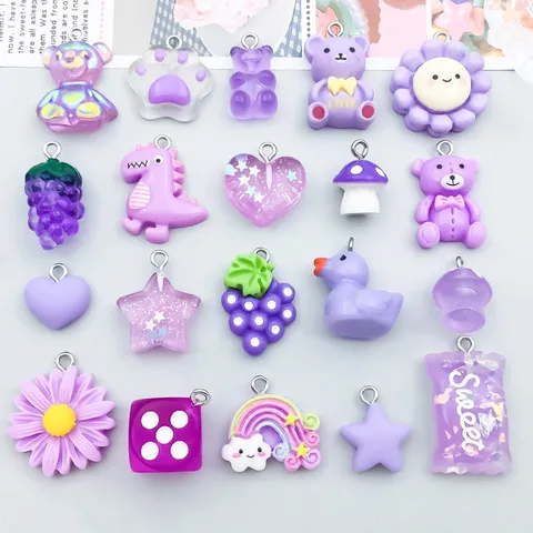 Purple Resin Cartoon Charms Set Bear Dinosaur Duck Fruit Shapes For DIY Jewelry Making Handcrafted Accessories