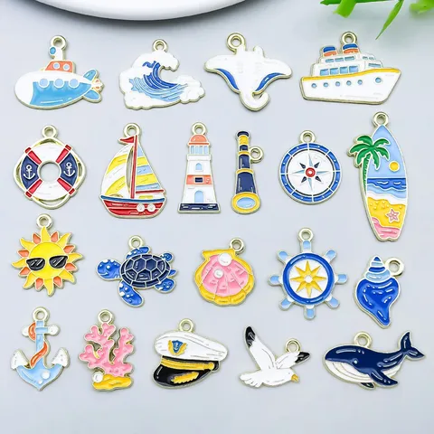 Nautical Ocean Enamel Alloy Charms For Jewelry Making DIY Anchor Whale Sea Wave Pendants For Bracelet Necklace Craft Accessories