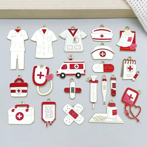 Rote Emaille Legierung Medizinische Charms Stethoskop Krankenwagen Krankenschwester Hut Anhänger Für DIY Schmuckherstellung Zubehör