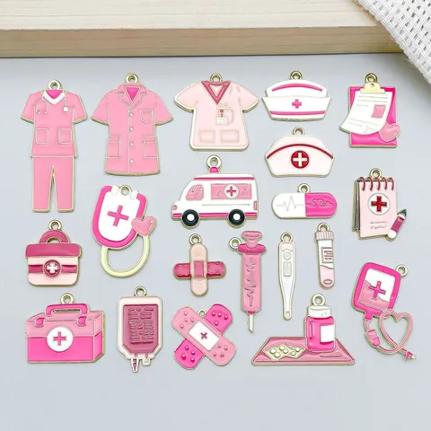 Pink Enamel Zinc Alloy Medical Theme Charms For DIY Jewelry Making Stethoscope Nurse Uniform Ambulance Syringe Pendants