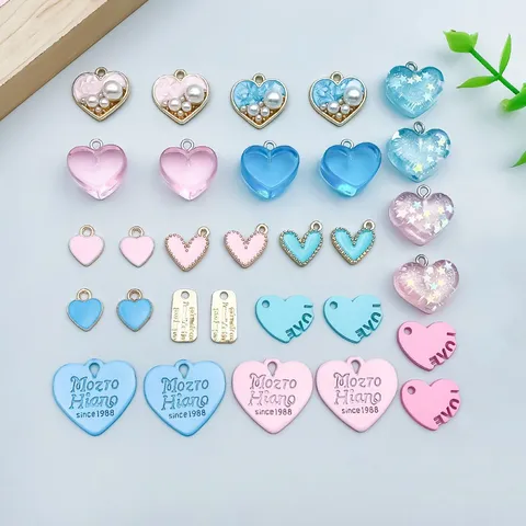 Ciondoli a Cuore in Lega e Resina per Creazione Gioielli Fai-da-te Blu Lago Rosa Smaltati a Cuore con Perle Artificiali Strass Accessori per Artigianato