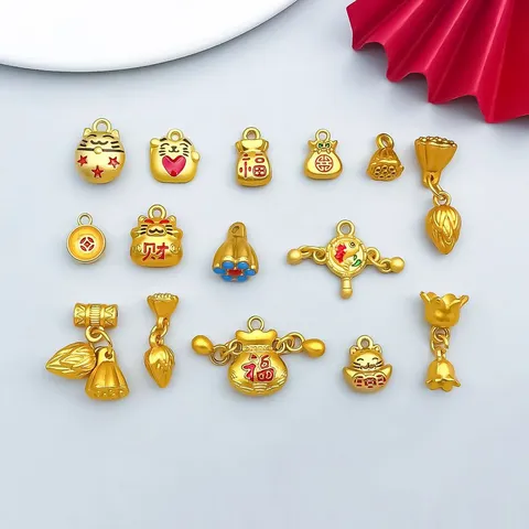 Antiek Goud Stijl Chinese Hangers Gelukskat Zegen Tas Charms Voor DIY Sieraden Maken Traditionele Emaille Druppelolie Hangers