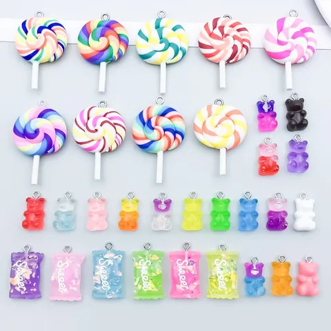 32Pcs Mixed Resin Gummy Bear Lollipop Charms For DIY Jewelry Making Colorful Gradient Candy Pendants Resin Craft Accessories
