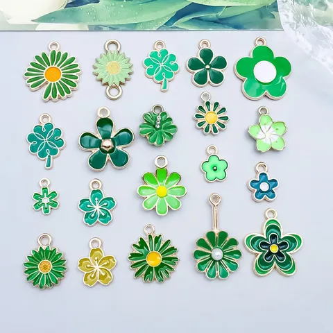 Gemischte Grüne Tropföl Legierung Blume Kleeblatt Anhänger Für DIY Schmuckherstellung Handgefertigte Sonnenblume Gänseblümchen Charms Bastelzubehör
