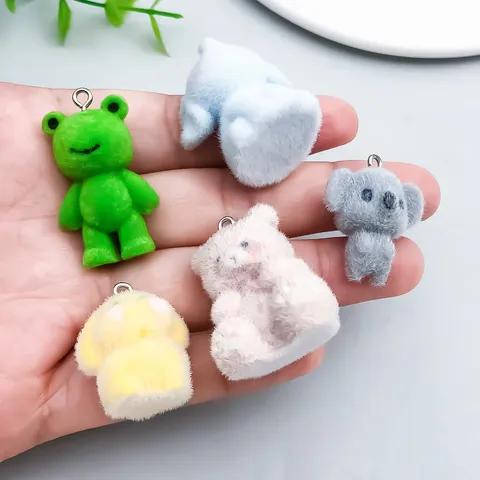 Flocked Resin Cartoon Animal Pendants For DIY Jewelry Elephant Bear Koala Rabbit Frog Charms Pendants Only (Without Chain)