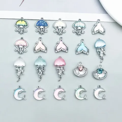 Juego de Amuletos DIY de Animales Marinos Aleación Vidrio Strass Delfín Medusa Cola de Sirena Concha Colgantes para Creación de Joyas