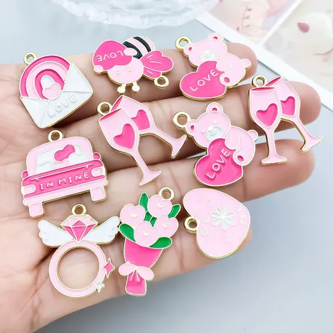Valentine Day Pink Enamel Alloy Heart Pendants Zinc Alloy Rose Bear Charms For DIY Jewelry Making Handmade Craft Gift