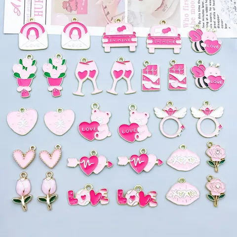 Valentine Day Pink Enamel Alloy Heart Pendants Zinc Alloy Rose Bear Charms For DIY Jewelry Making Handmade Craft Gift