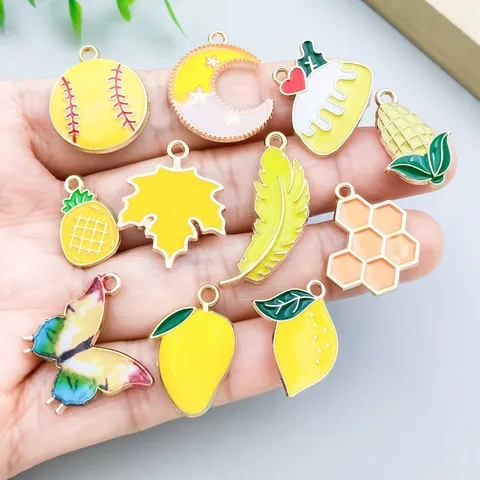 Yellow Enamel Zinc Alloy Pendants Charms Maple Leaf Daisy Flower Butterfly Bee Moon DIY Jewelry Accessories Findings