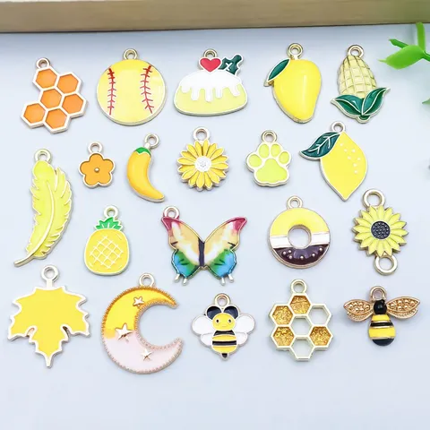 Yellow Enamel Zinc Alloy Pendants Charms Maple Leaf Daisy Flower Butterfly Bee Moon DIY Jewelry Accessories Findings
