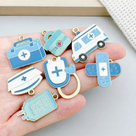 Blue Enamel Medical Theme Charms Zinc Alloy Nurse Doctor Pendant For DIY Jewelry Making Ambulance Heart Stethoscope Accessory