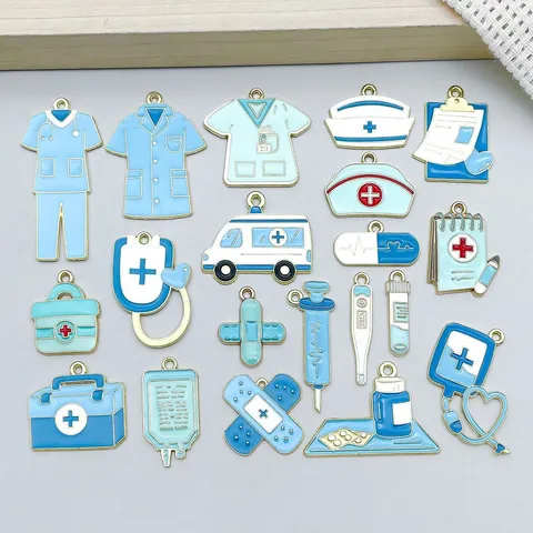 Blue Enamel Medical Theme Charms Zinc Alloy Nurse Doctor Pendant For DIY Jewelry Making Ambulance Heart Stethoscope Accessory