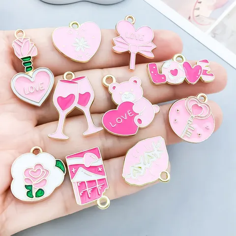 Pink Enamel Zinc Alloy Valentine's Day Heart Rose Lollipop Charms For DIY Jewelry Making Pendants Accessories Romantic Gift Pendants