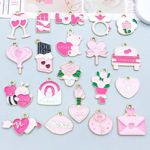 Pink Enamel Zinc Alloy Valentine's Day Heart Rose Lollipop Charms For DIY Jewelry Making Pendants Accessories Romantic Gift Pendants